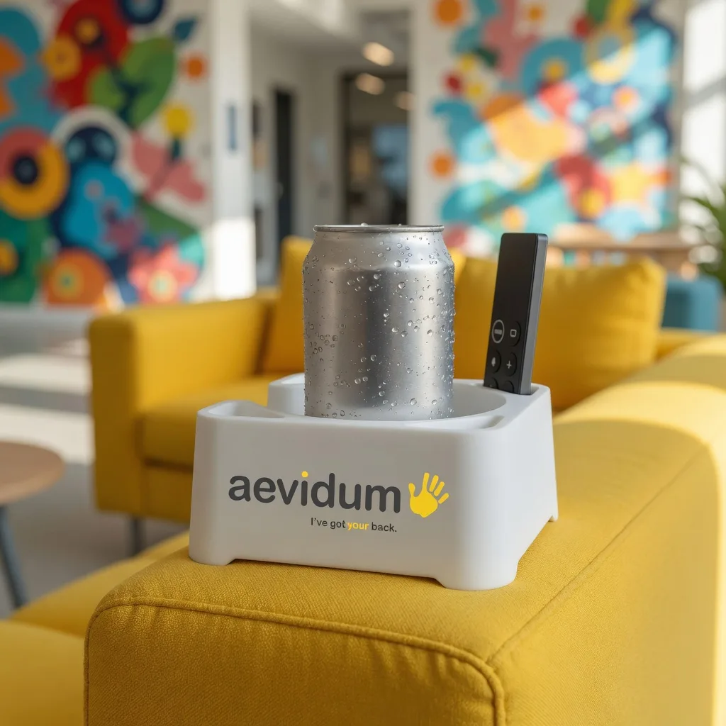 White MugBrick with an aevidum logo holding a soda can and a TV remote on a sunflower-yellow sofa arm in a student lounge with a colorful mural